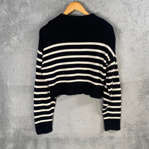 OLIVACEOUS Breton Striped Collared Cropped Sweater Women Medium Preppy Parisian - Picture 3 of 8